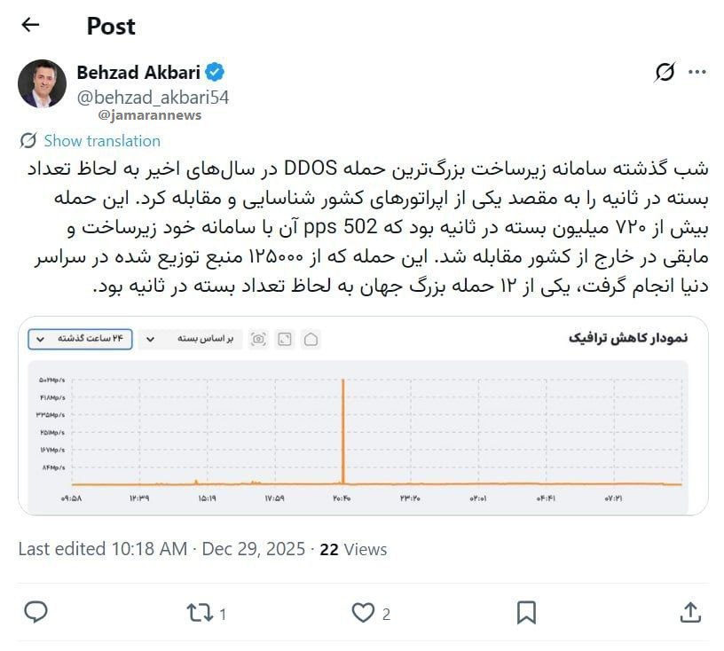 مدیرعامل زیرساخت: یکی از ۱۲ حمله بزرگ DDoS جهان را خنثی کردیم